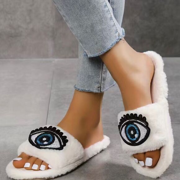 Shoes - PLUSH Faux Fur Evil Eye Slippers. White and Blue. Size 7.5-8. BRAND NEW